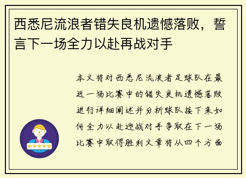 西悉尼流浪者错失良机遗憾落败，誓言下一场全力以赴再战对手